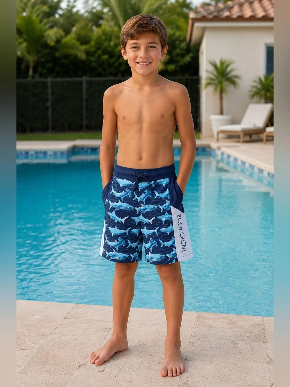 Body Glove Boys Navy Blue and Light Blue Shark Print Swim Trunks